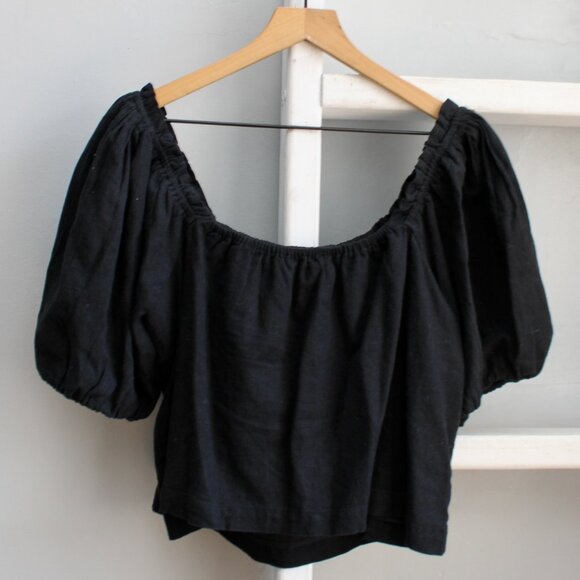 Abercrombie & Fitch x Tia Booth Black Linen Poof Sleeve Crop Top Size Large - Picture 3 of 5